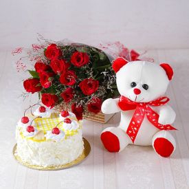 Red Roses N Pineapple Cake With Teddy